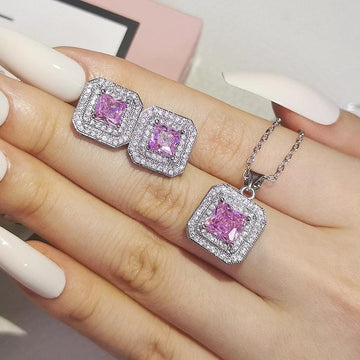 Dazzling Pink Princess Cut AAA+ Cubic Zirconia Diamonds Jewellery Set - The Jewellery Supermarket